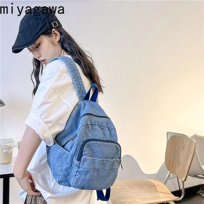 Miyagawa Retro Denim Mini Backpack – Casual Small Bookbag for Women & Travel