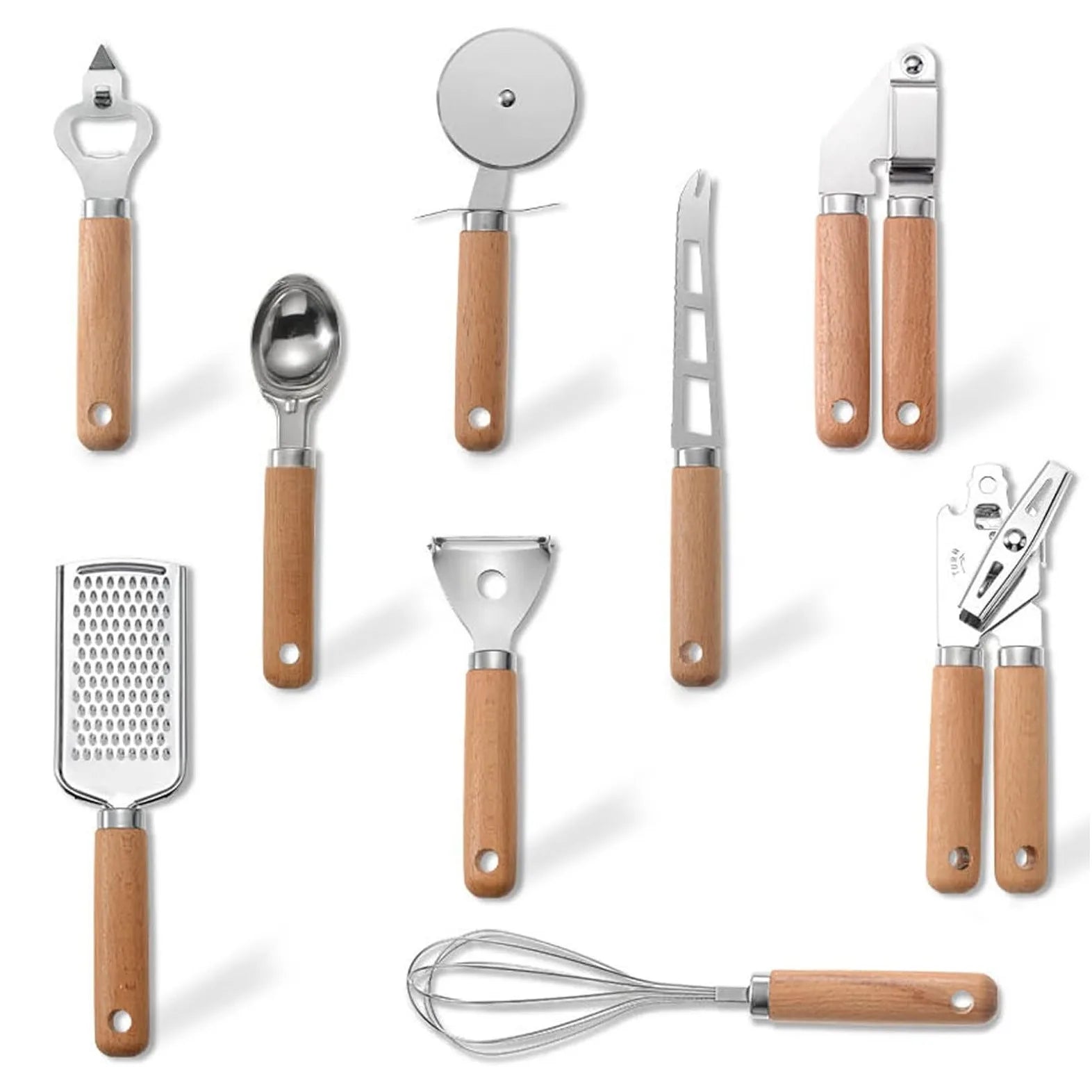 9-Piece Premium Kitchen Gadget Set - Stainless Steel Tools with Elegant Wooden Handles