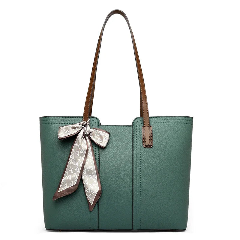 Luxury Designer Sheepskin Leather Tote Bag – Elegant Large Capacity Handbag with Ribbon Detail for Women