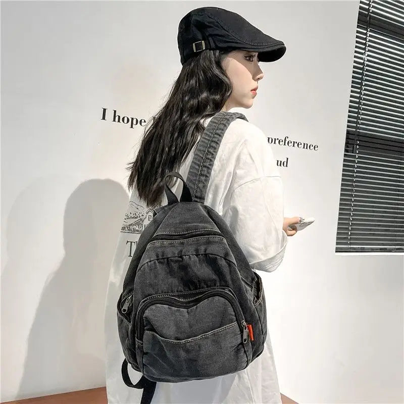 Miyagawa Retro Denim Mini Backpack – Casual Small Bookbag for Women & Travel