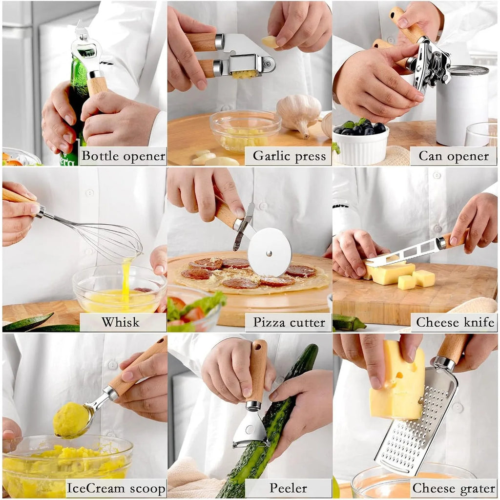9-Piece Premium Kitchen Gadget Set - Stainless Steel Tools with Elegant Wooden Handles