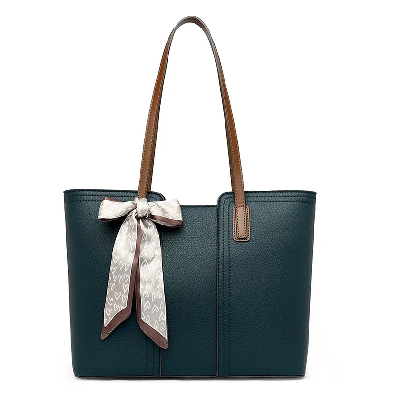 Luxury Designer Sheepskin Leather Tote Bag – Elegant Large Capacity Handbag with Ribbon Detail for Women