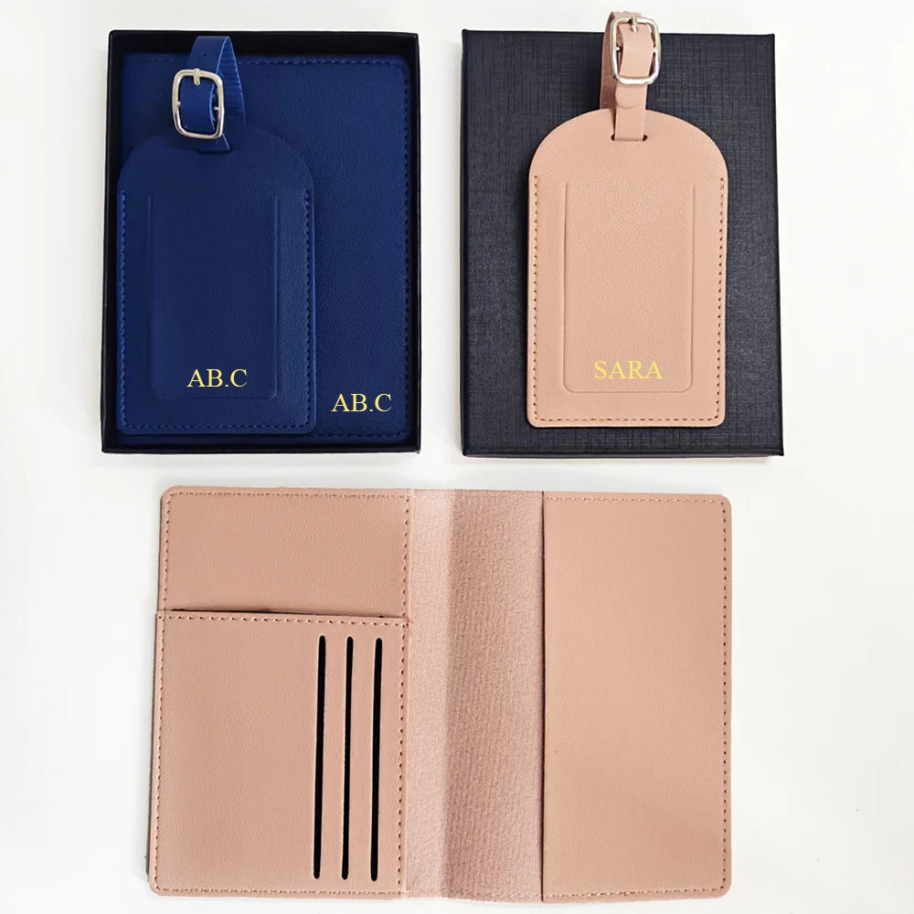 Personalised Travel Passport Holder & Luggage Tag Gift Set – Custom Initials Luxury Travel Kit