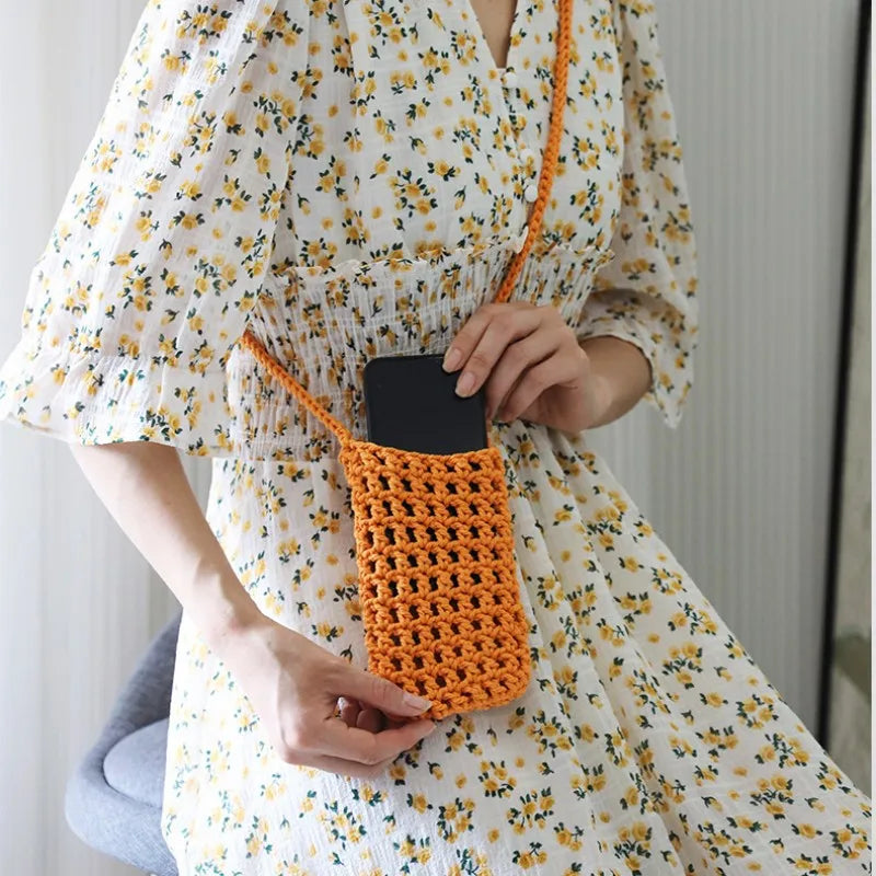 Boho Chic Hollow Crochet Phone Bag – Handmade Aesthetic Mini Cross body Purse