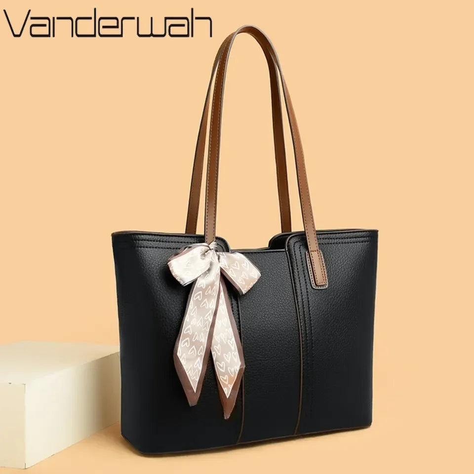 Luxury Designer Sheepskin Leather Tote Bag – Elegant Large Capacity Handbag with Ribbon Detail for Women