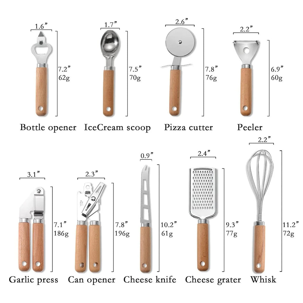 9-Piece Premium Kitchen Gadget Set - Stainless Steel Tools with Elegant Wooden Handles