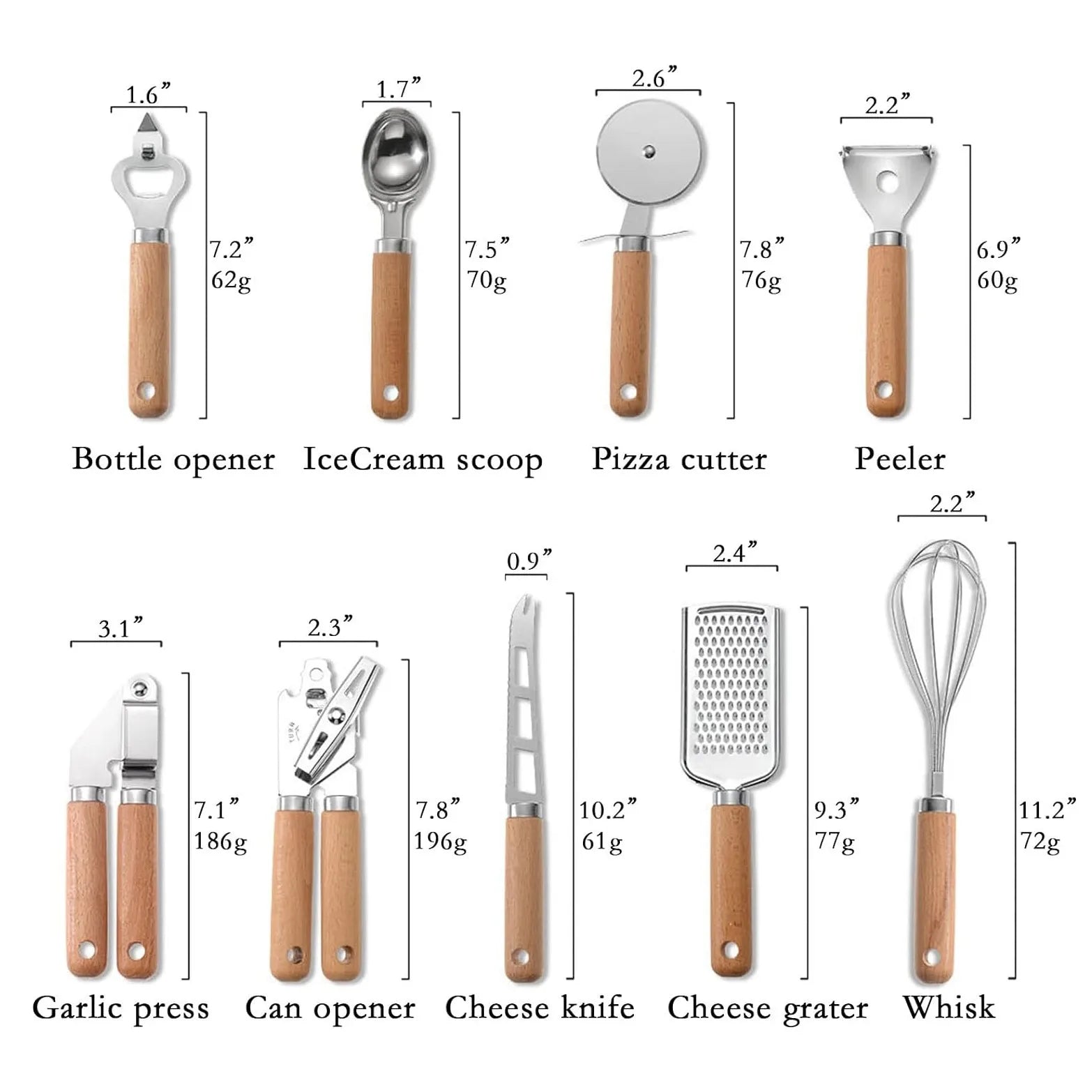 9-Piece Premium Kitchen Gadget Set - Stainless Steel Tools with Elegant Wooden Handles