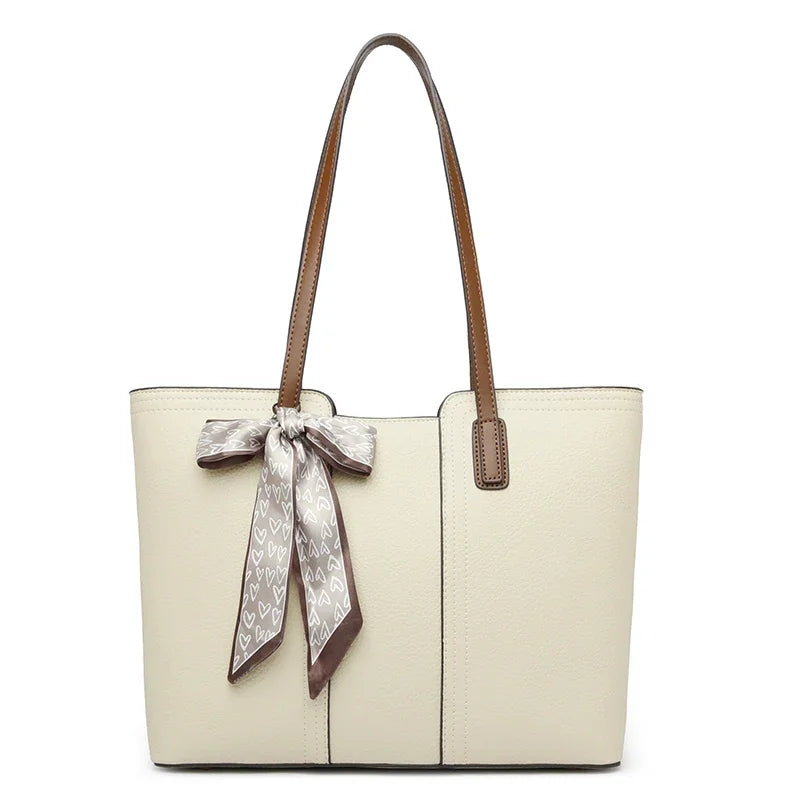Luxury Designer Sheepskin Leather Tote Bag – Elegant Large Capacity Handbag with Ribbon Detail for Women