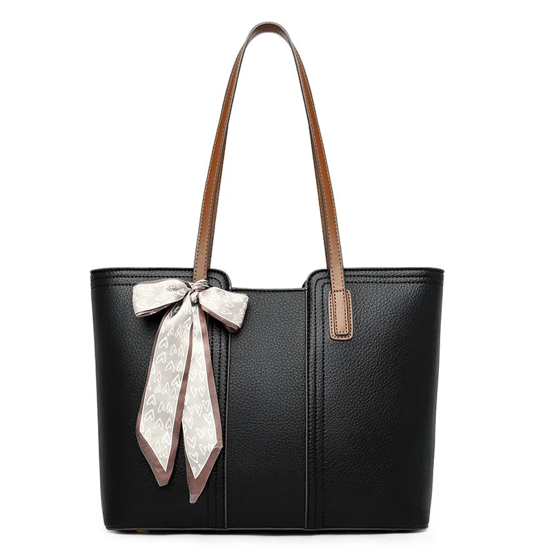 Luxury Designer Sheepskin Leather Tote Bag – Elegant Large Capacity Handbag with Ribbon Detail for Women