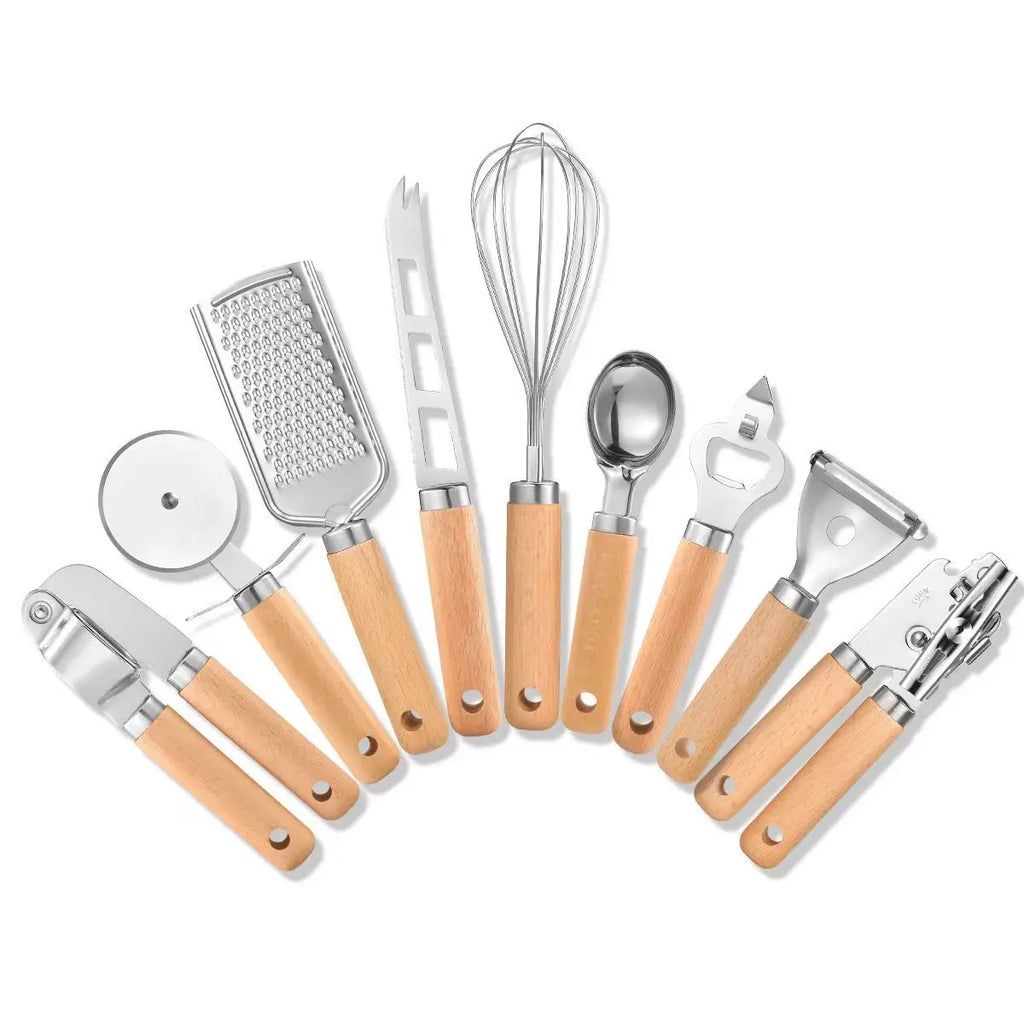 9-Piece Premium Kitchen Gadget Set - Stainless Steel Tools with Elegant Wooden Handles
