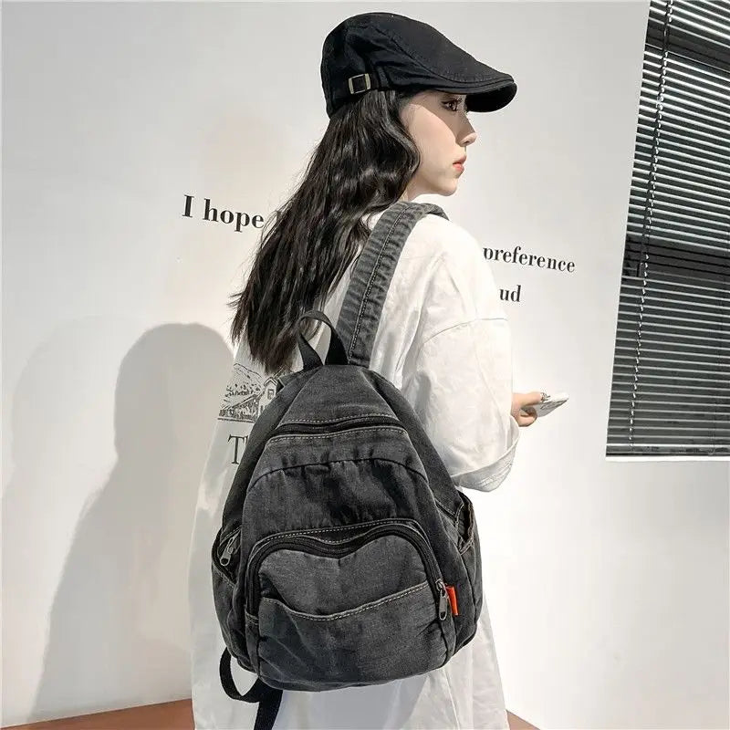 Miyagawa Retro Denim Mini Backpack – Casual Small Bookbag for Women & Travel