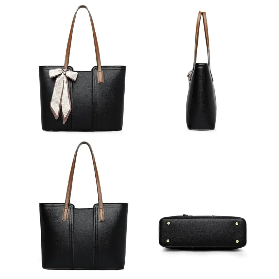 Luxury Designer Sheepskin Leather Tote Bag – Elegant Large Capacity Handbag with Ribbon Detail for Women