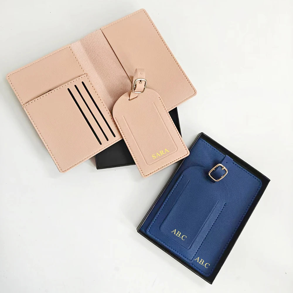Personalised Travel Passport Holder & Luggage Tag Gift Set – Custom Initials Luxury Travel Kit