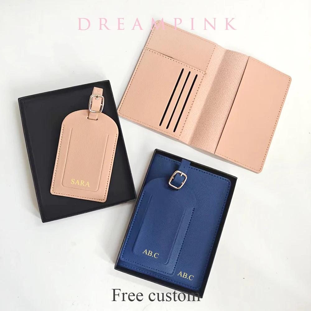 Personalised Travel Passport Holder & Luggage Tag Gift Set – Custom Initials Luxury Travel Kit