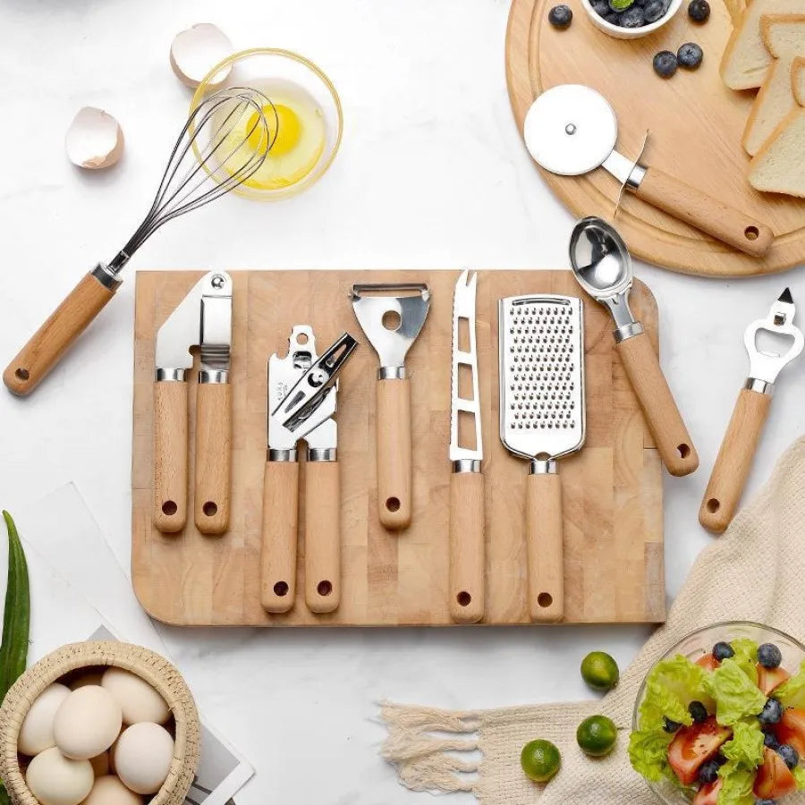 9-Piece Premium Kitchen Gadget Set - Stainless Steel Tools with Elegant Wooden Handles