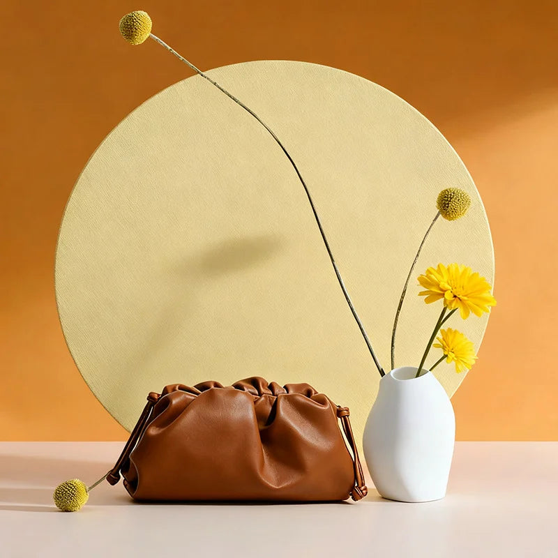 Luxury Designer Cowhide Leather Cloud Bag – Elegant Ruched Shoulder Handbag & Clutch