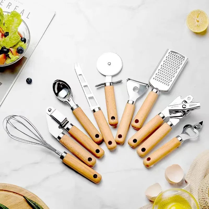 9-Piece Premium Kitchen Gadget Set - Stainless Steel Tools with Elegant Wooden Handles