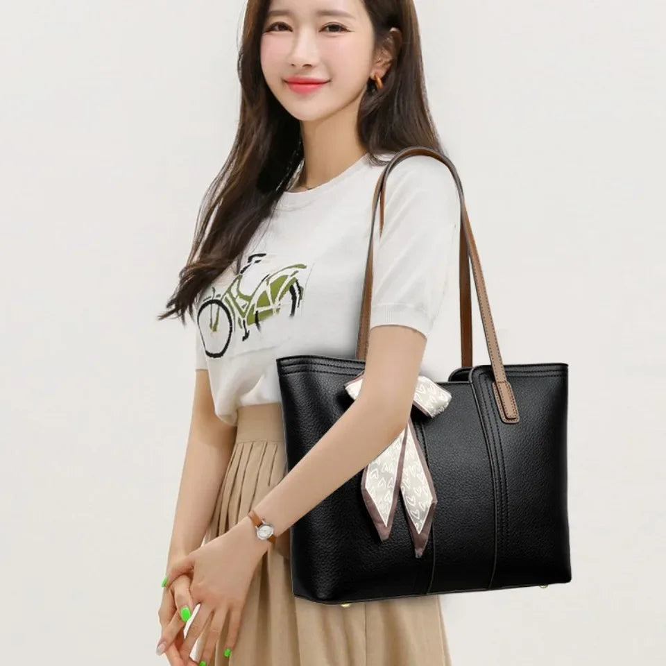Luxury Designer Sheepskin Leather Tote Bag – Elegant Large Capacity Handbag with Ribbon Detail for Women
